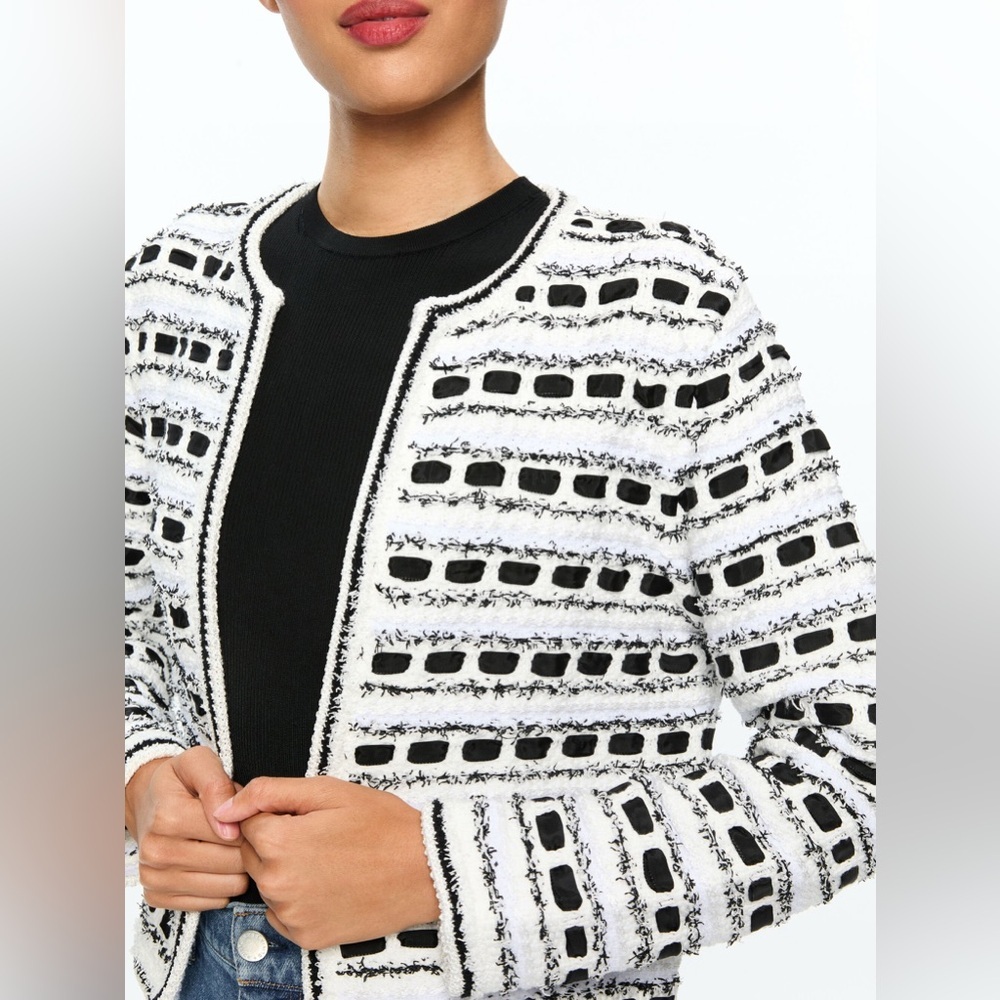 Alice + Olivia Marjorie Tweed Ribbon Woven Open Front Cardigan - Size Small - Picture 3 of 12